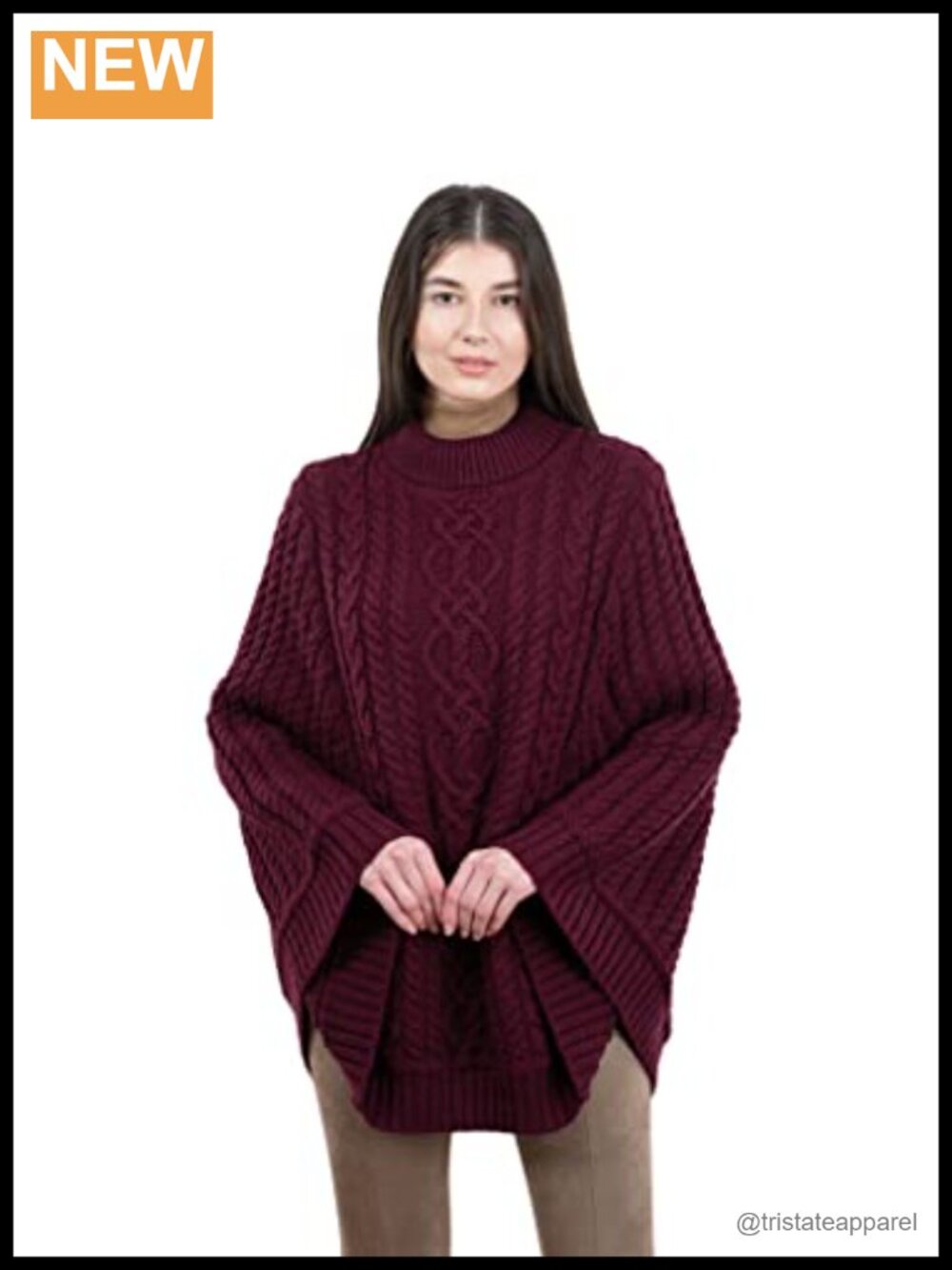 100% Merino Wool Women's Irish Aran Cable Knit Pullover Poncho Cardigan
